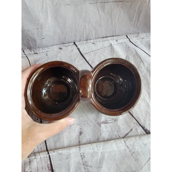 Vintage Brown Glazed Stoneware Double Condiment Dish with Lids - Picture 7 of 9
